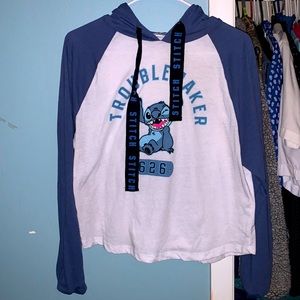 Blue/white Stitch Long sleeve T-shirt has a hood